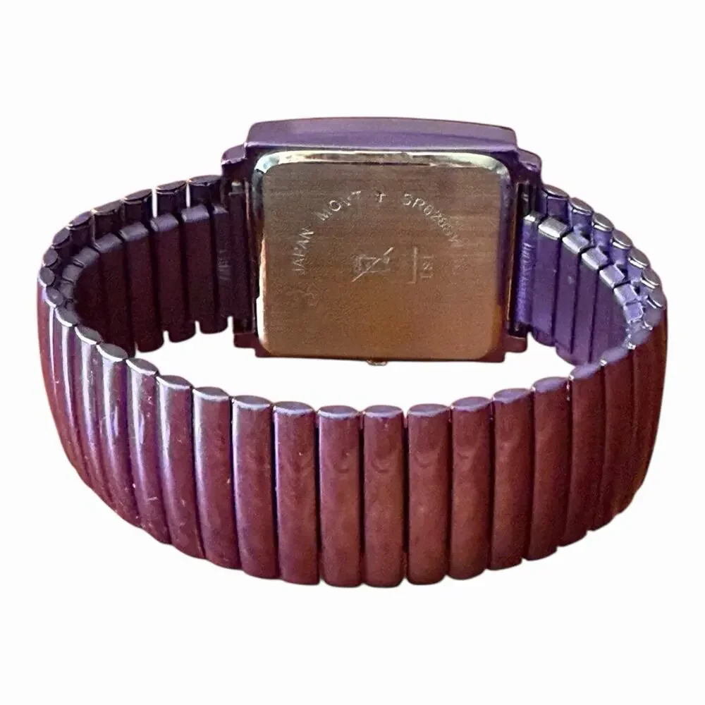 Avon Metallic Purple Stretch Band Rhinestone Bracelet Watch Rectangular Quartz